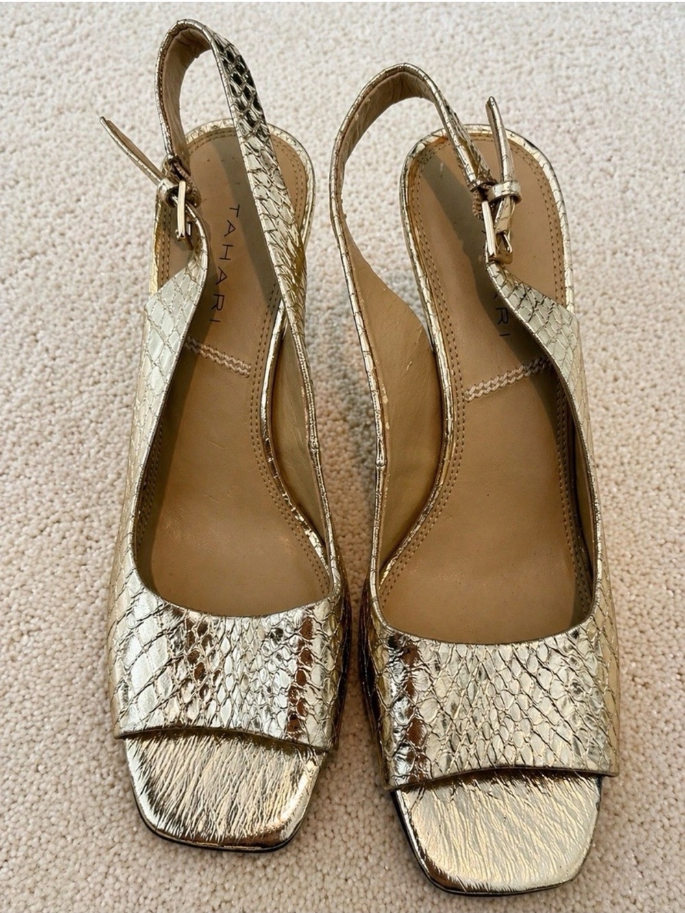 Tahari Gold Snakeskin Open Toe Slingback Stiletto Heels Womens 8 - Picture 2 of 7